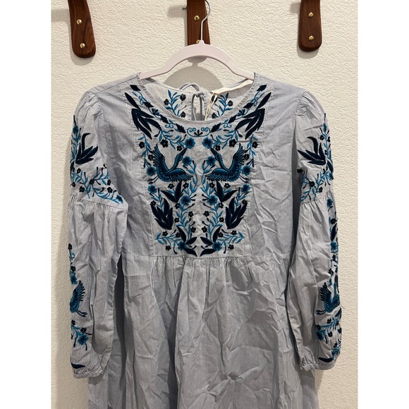 Zara Kaftan Top Womens M Stripe‎ Cotton Boho Gypsy Tassel Embroidered Blue NWT - Picture 2 of 16
